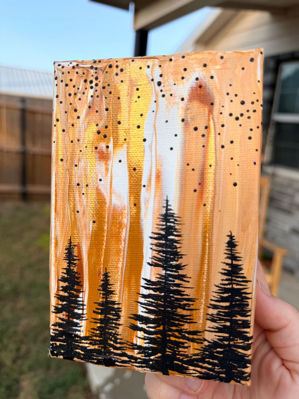 Abstract Marbled Background with Pine Trees in Gold - Original Painting