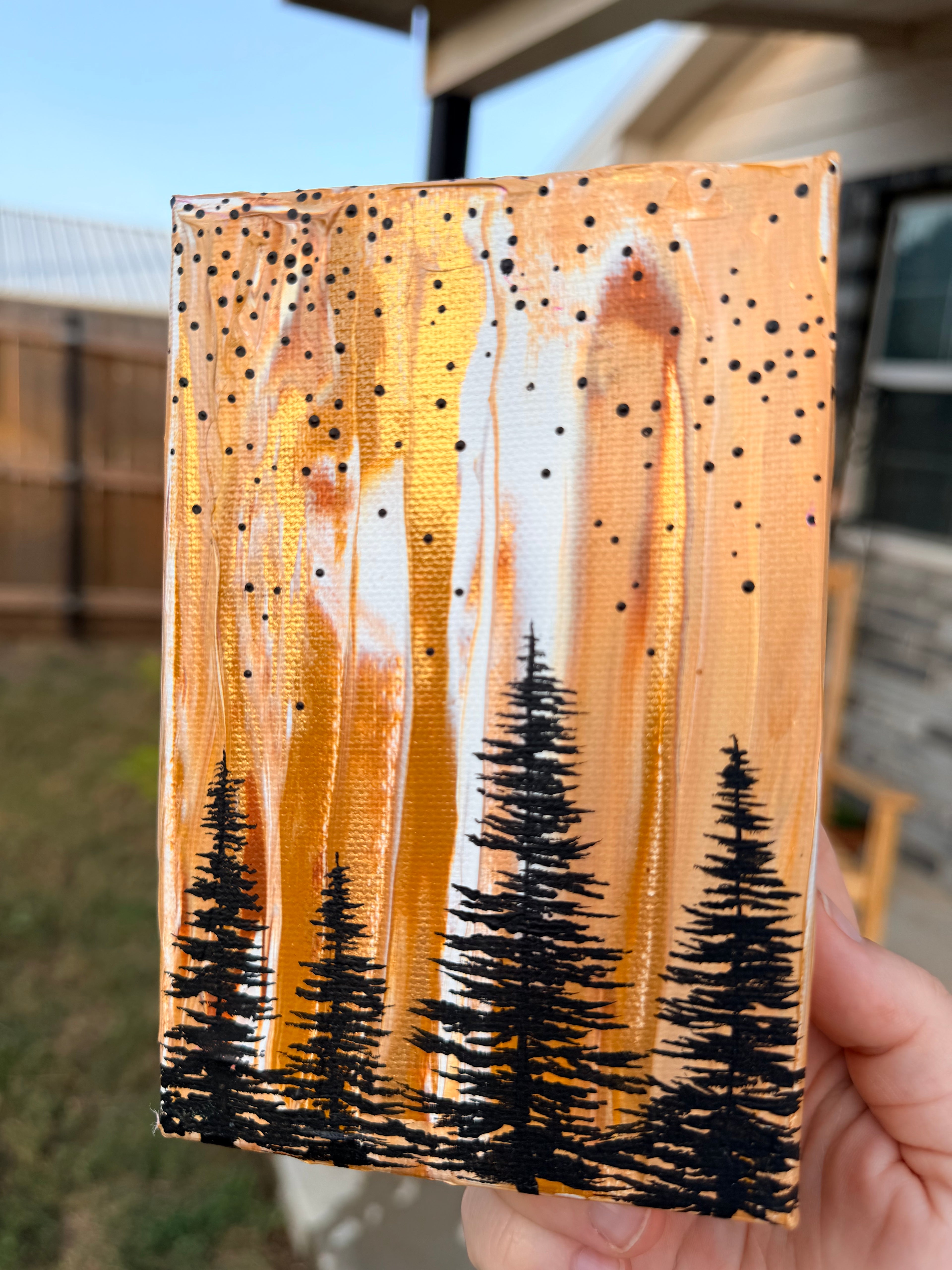 Abstract Marbled Background with Pine Trees in Gold - Original Painting