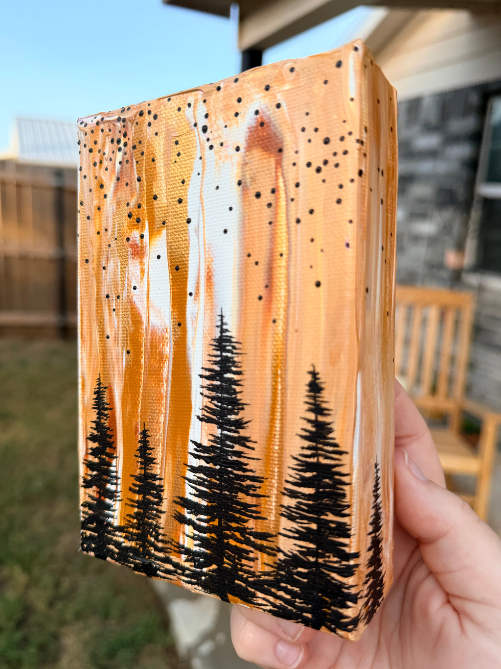 Abstract Marbled Background with Pine Trees in Gold - Original Painting