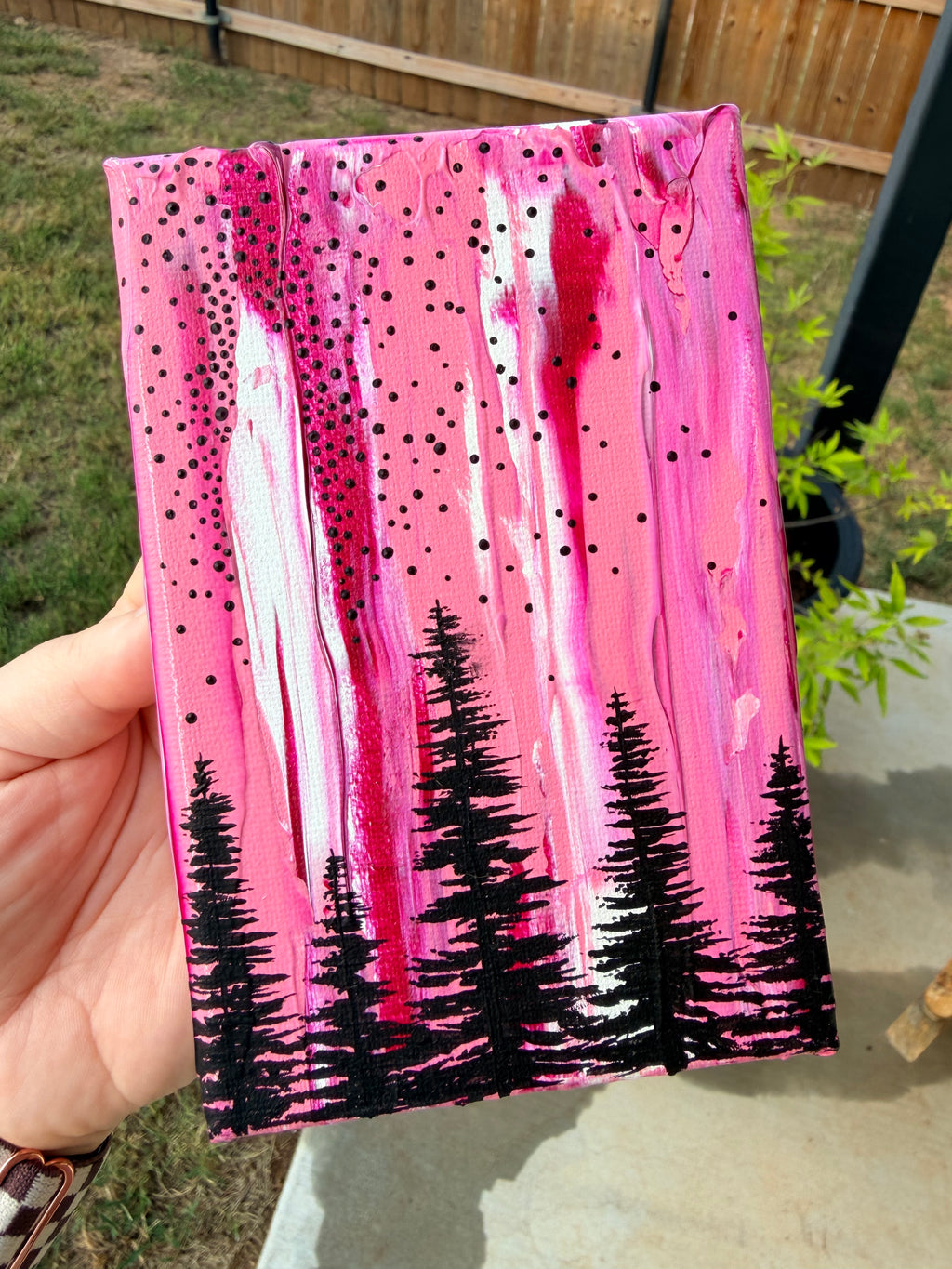 Abstract Marbled Background with Pine Trees in Pink - Original Painting