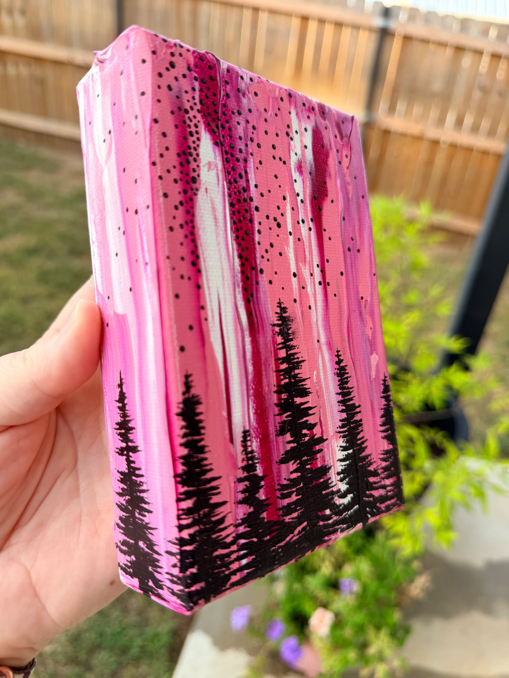 Abstract Marbled Background with Pine Trees in Pink - Original Painting