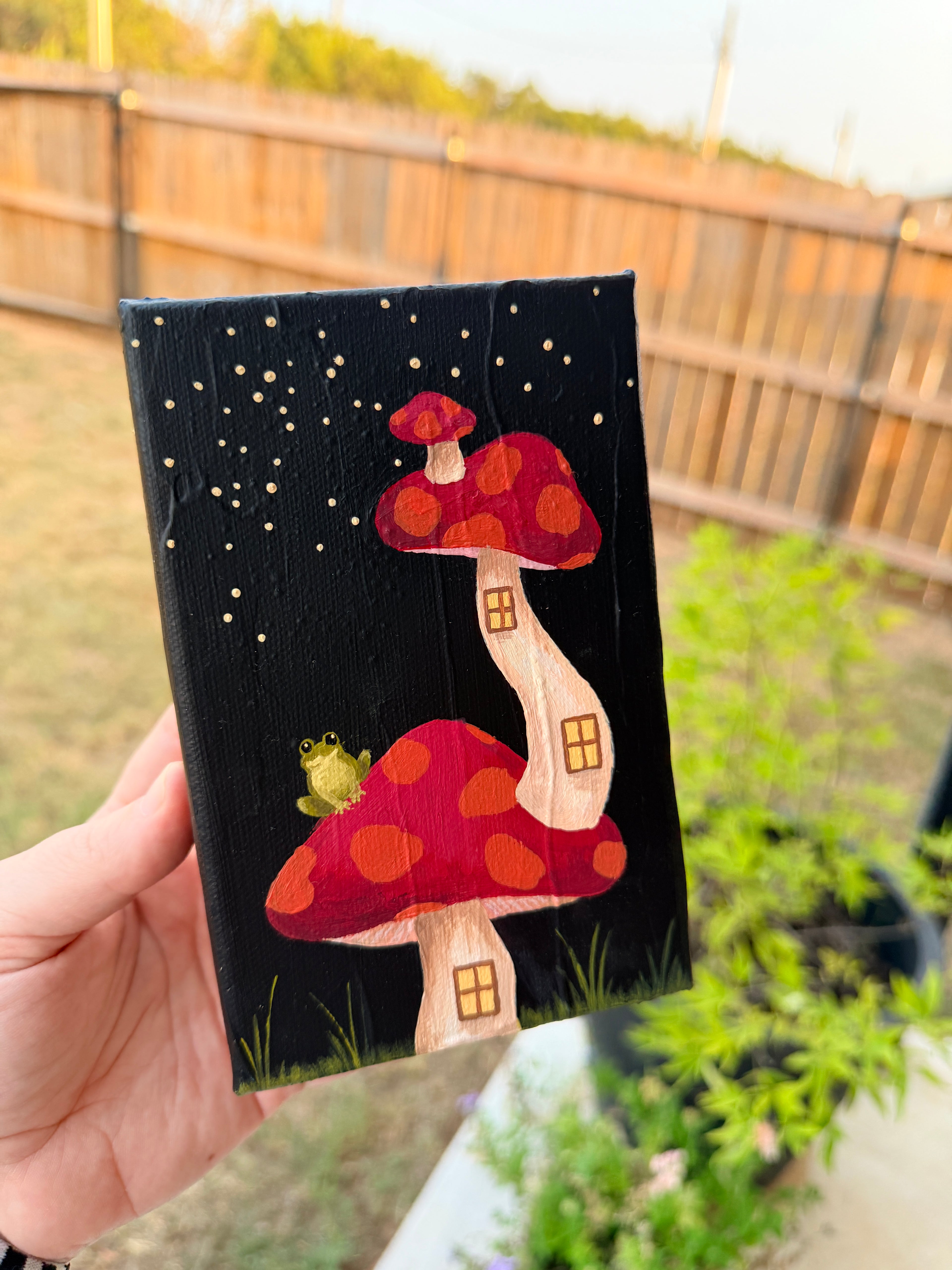 Cottagecore Mushroom Scene with Cute Frog - Original Painting