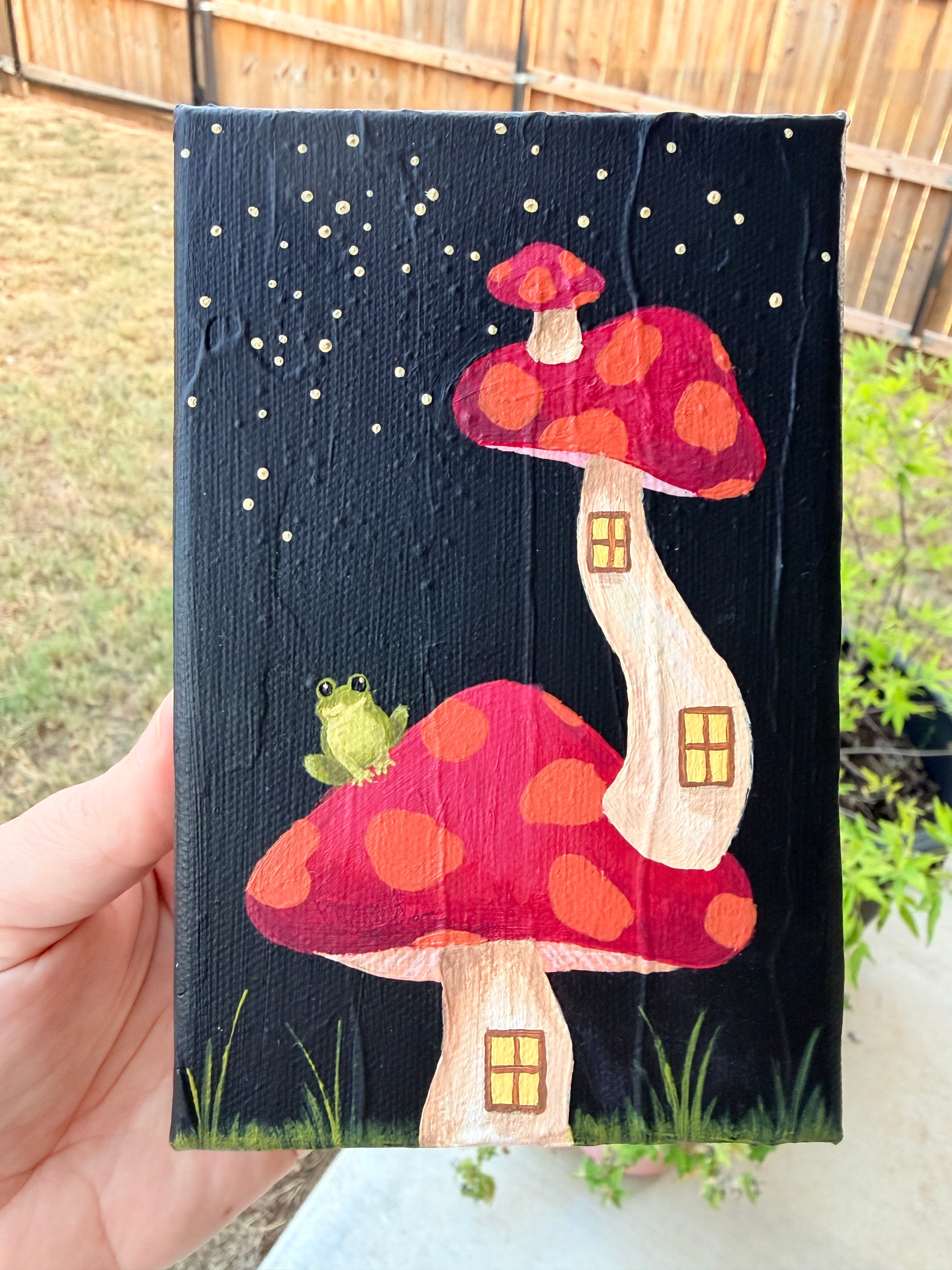 Cottagecore Mushroom Scene with Cute Frog - Original Painting