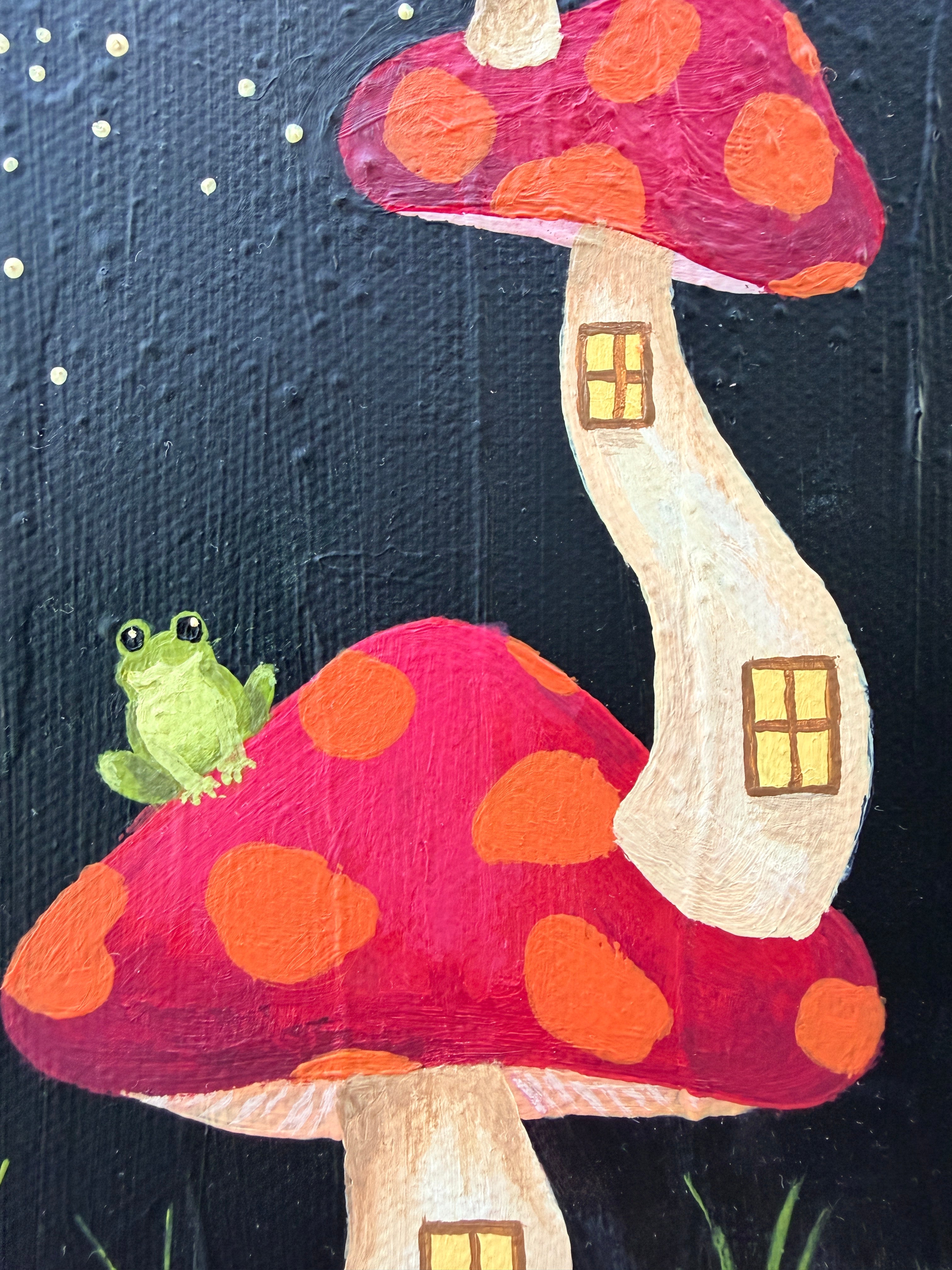 Cottagecore Mushroom Scene with Cute Frog - Original Painting
