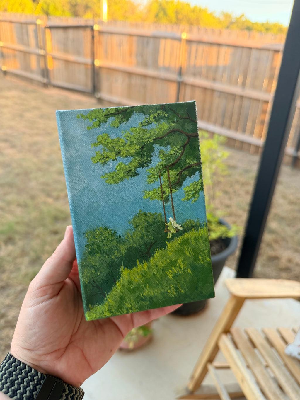 Girl On A Swing By A Meadow - Original Painting
