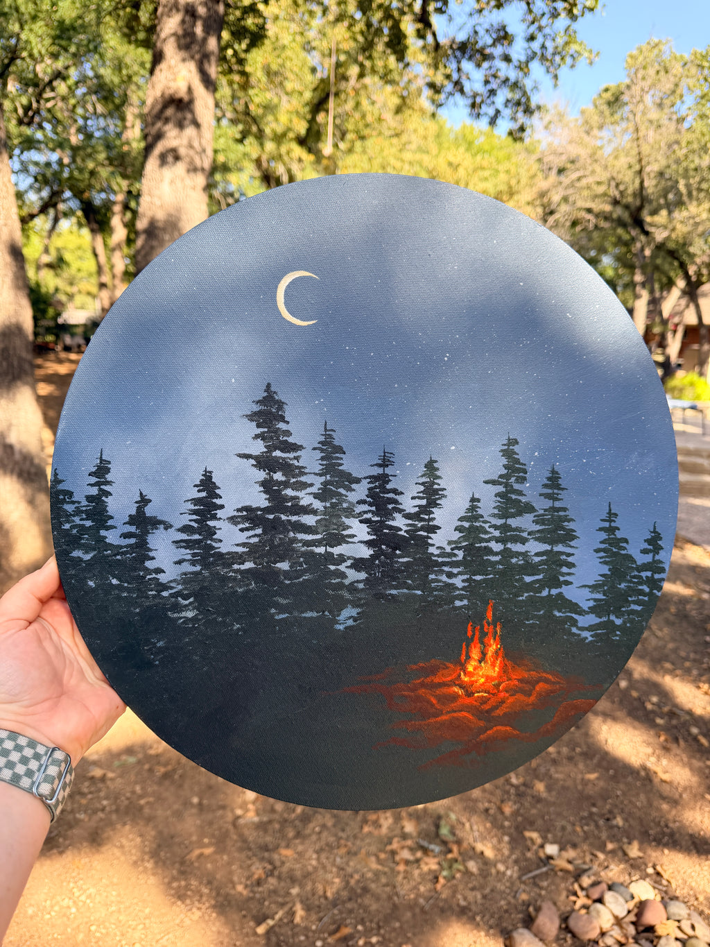 Quiet Campfire - Original Painting on Round Canvas