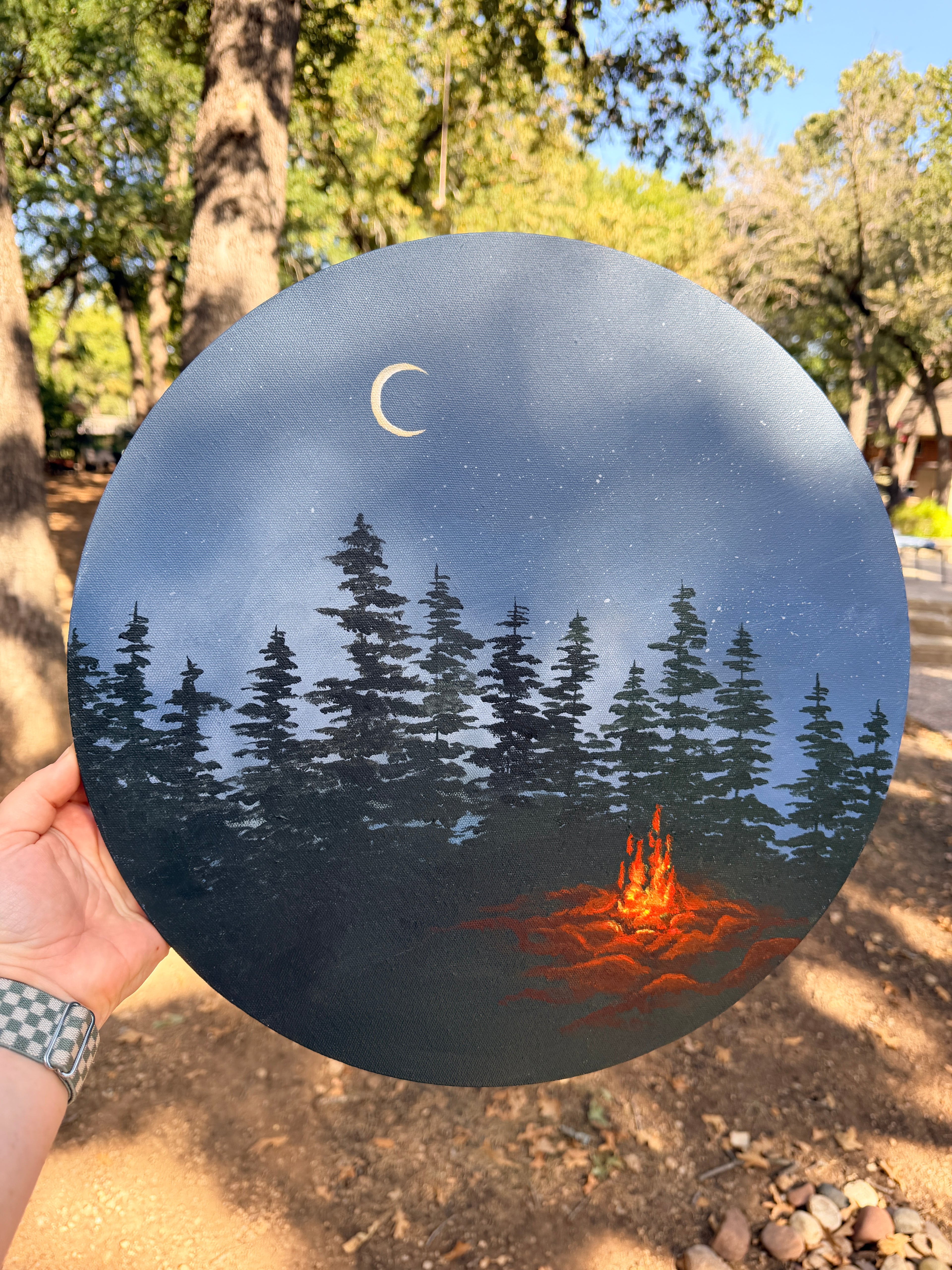 Quiet Campfire - Original Painting on Round Canvas