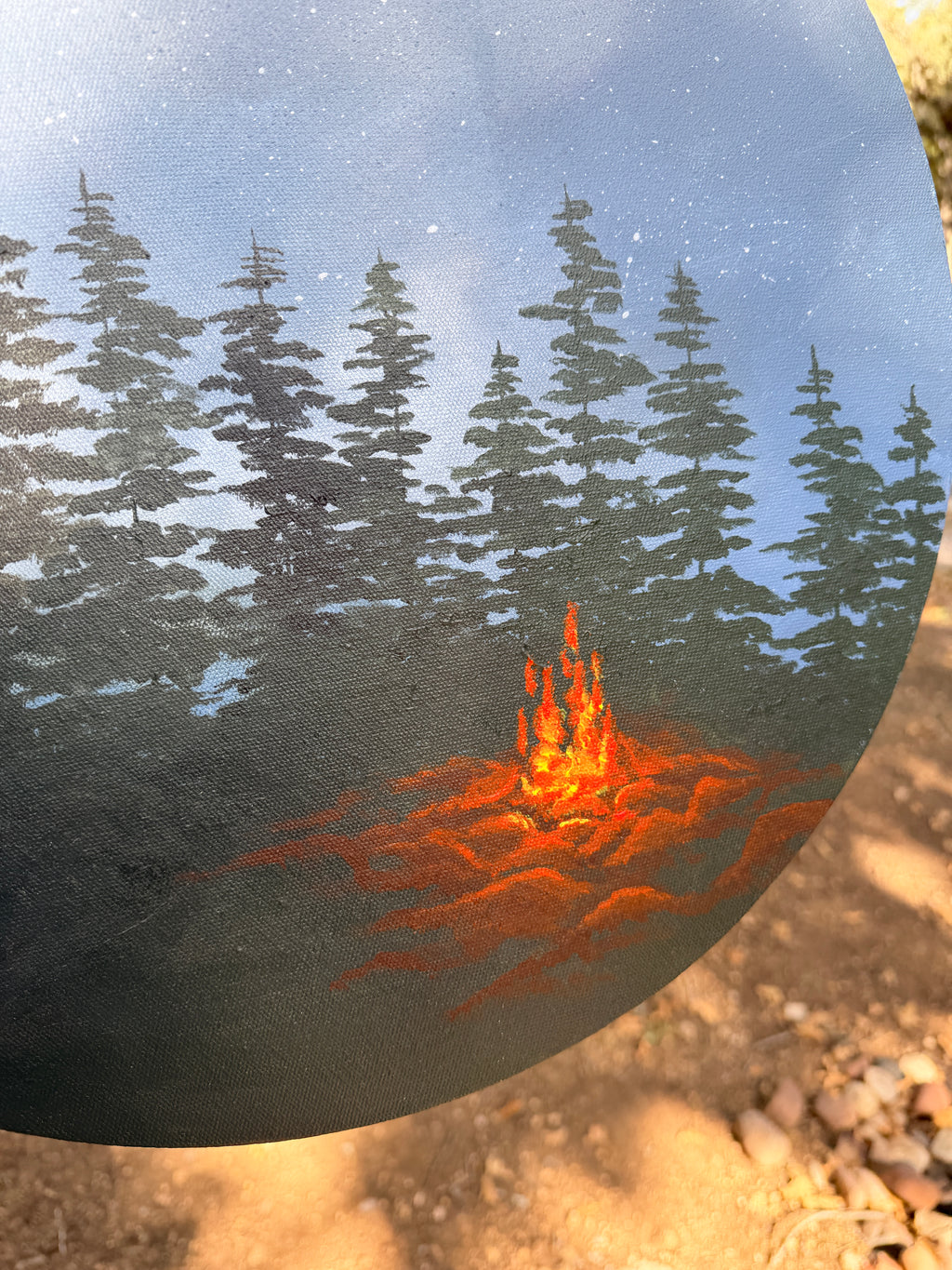 Quiet Campfire - Original Painting on Round Canvas
