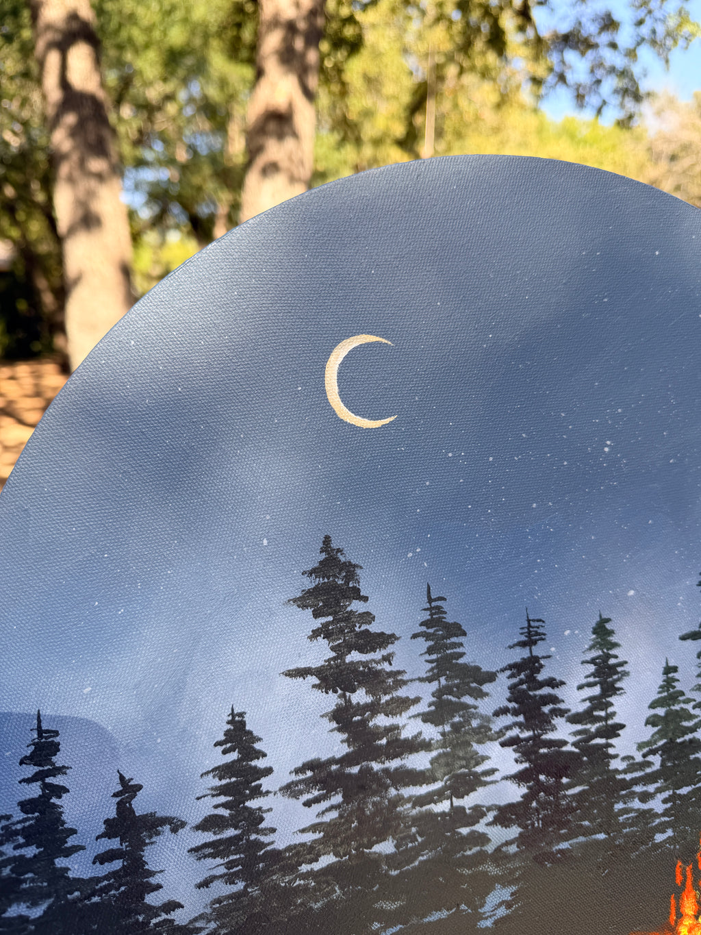 Quiet Campfire - Original Painting on Round Canvas