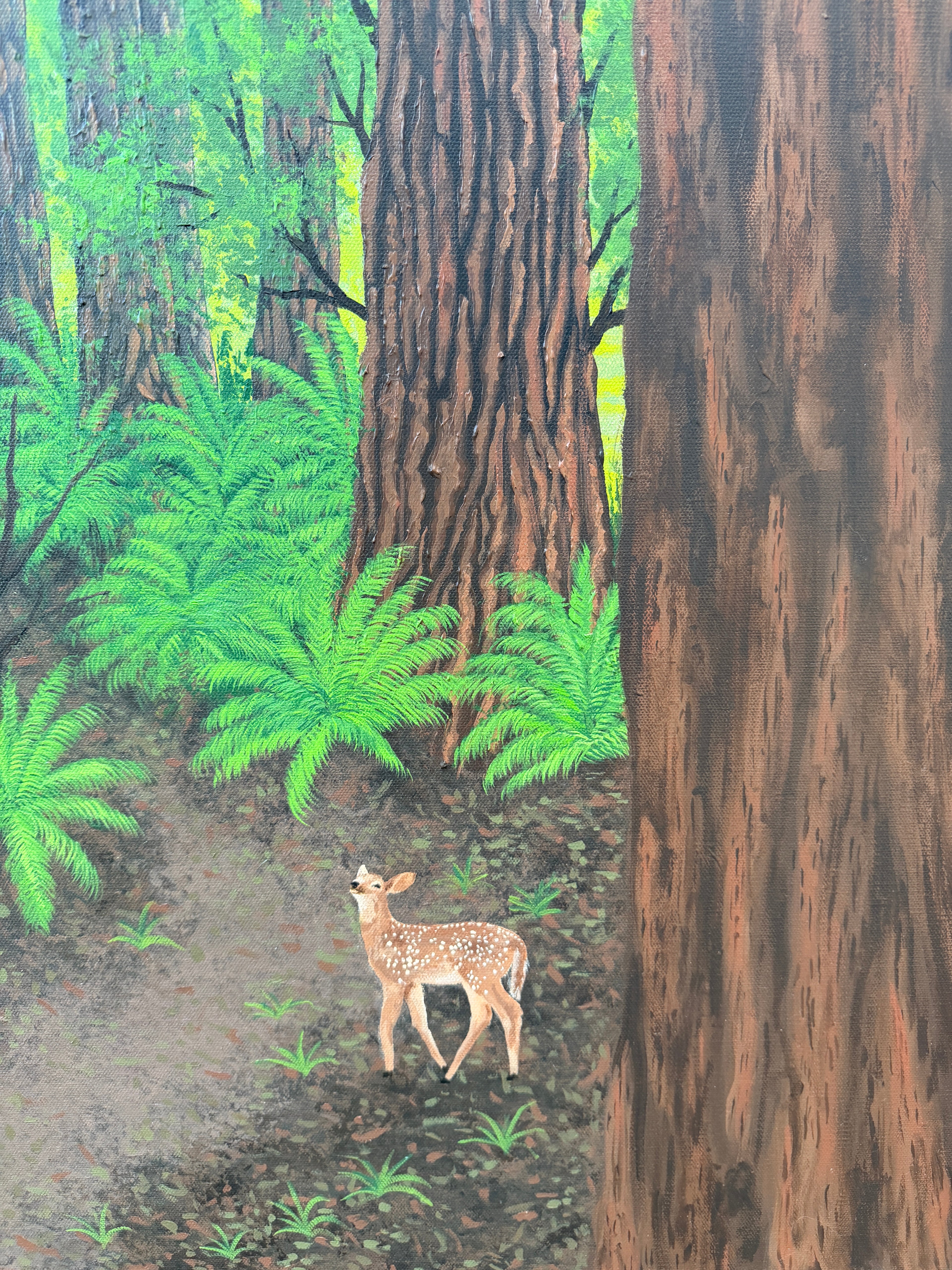 Fawn Under Towering Redwood Trees - Original Painting