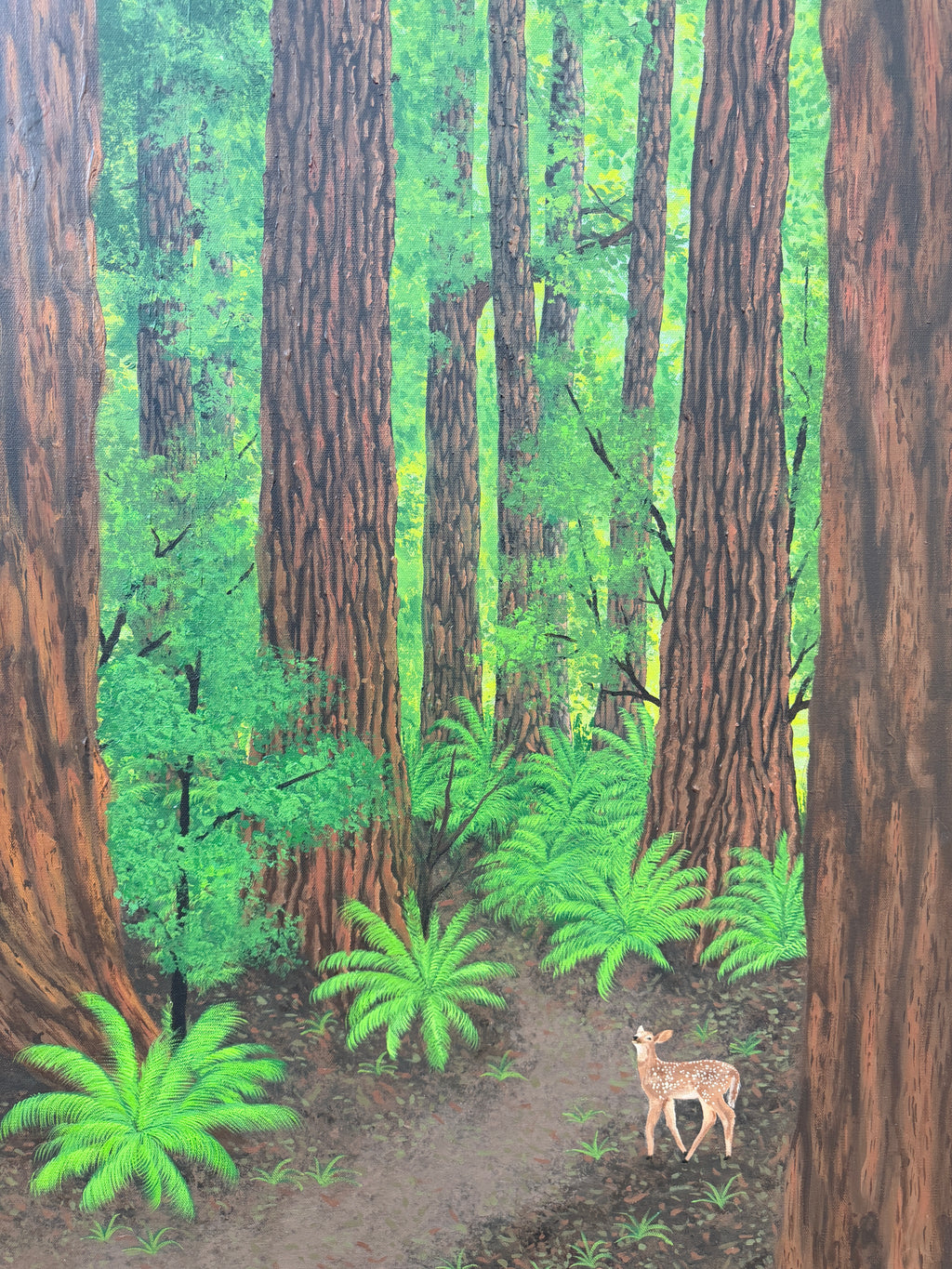 Fawn Under Towering Redwood Trees - Original Painting