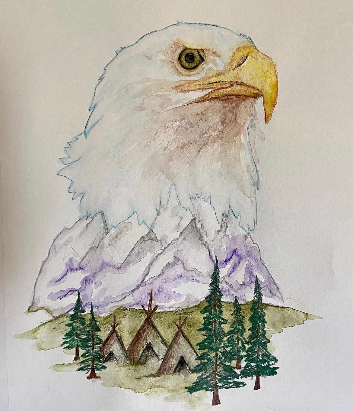 Bald Eagle Drawing; Over Mountains, Tee Pees and Pine Trees - Original Painting