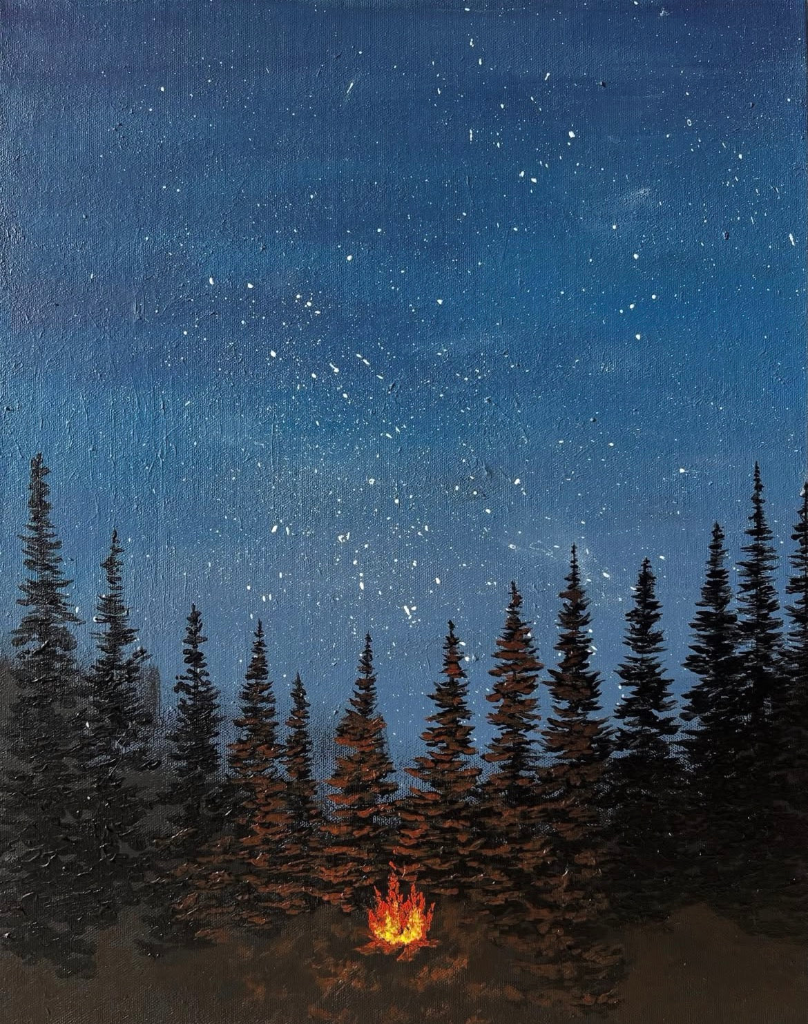 Secluded Campfire Under Pine Trees at Dusk - Original Painting